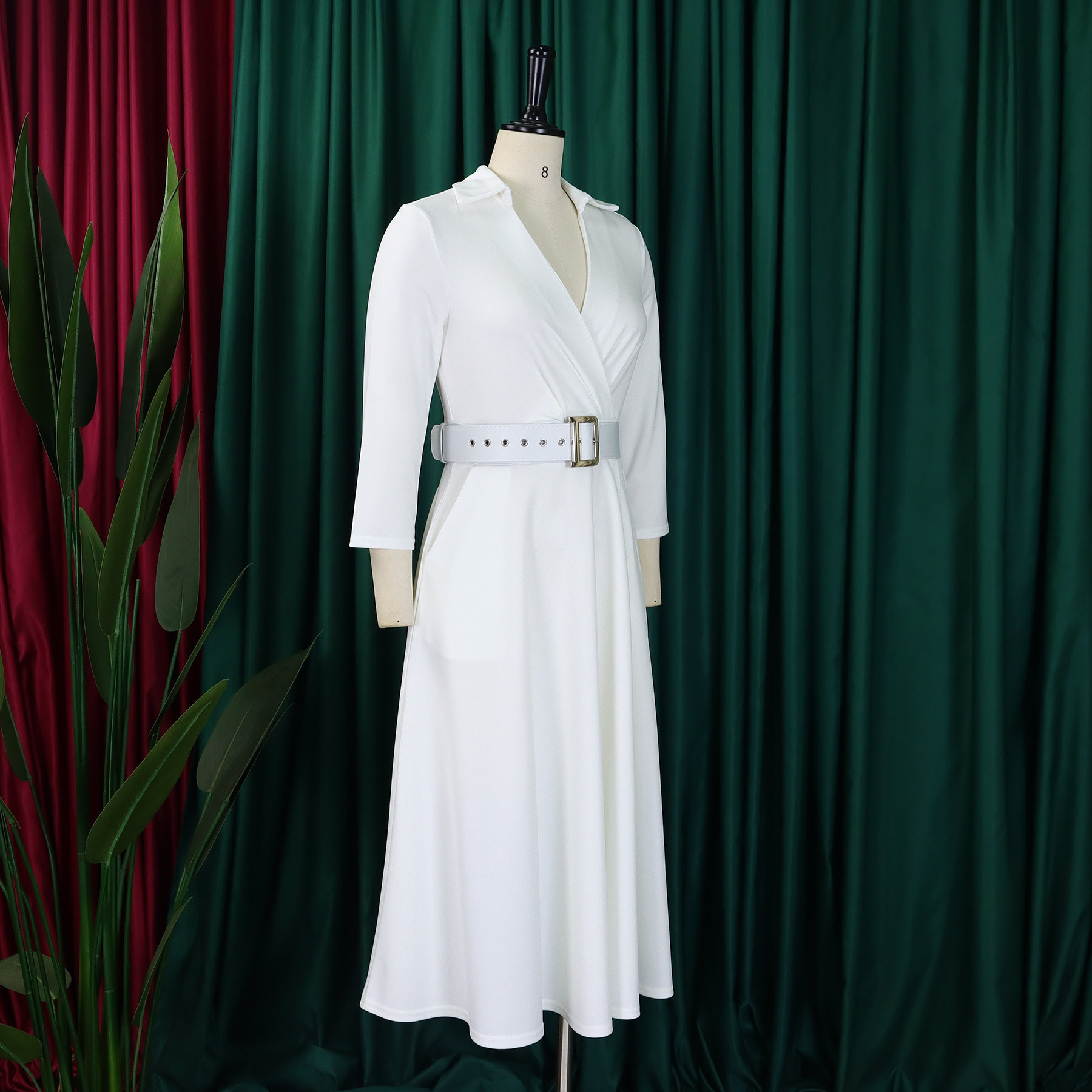 D478 Women's three-quarter sleeves, extended A-line, formal office ladies' dress with belt.