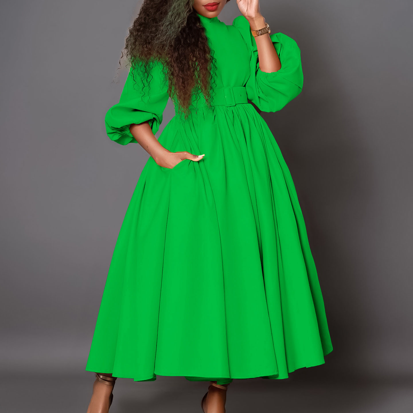 D491 Women's maxi dress with 3/4 puff sleeves and A-line, pleated, cocktail style.
