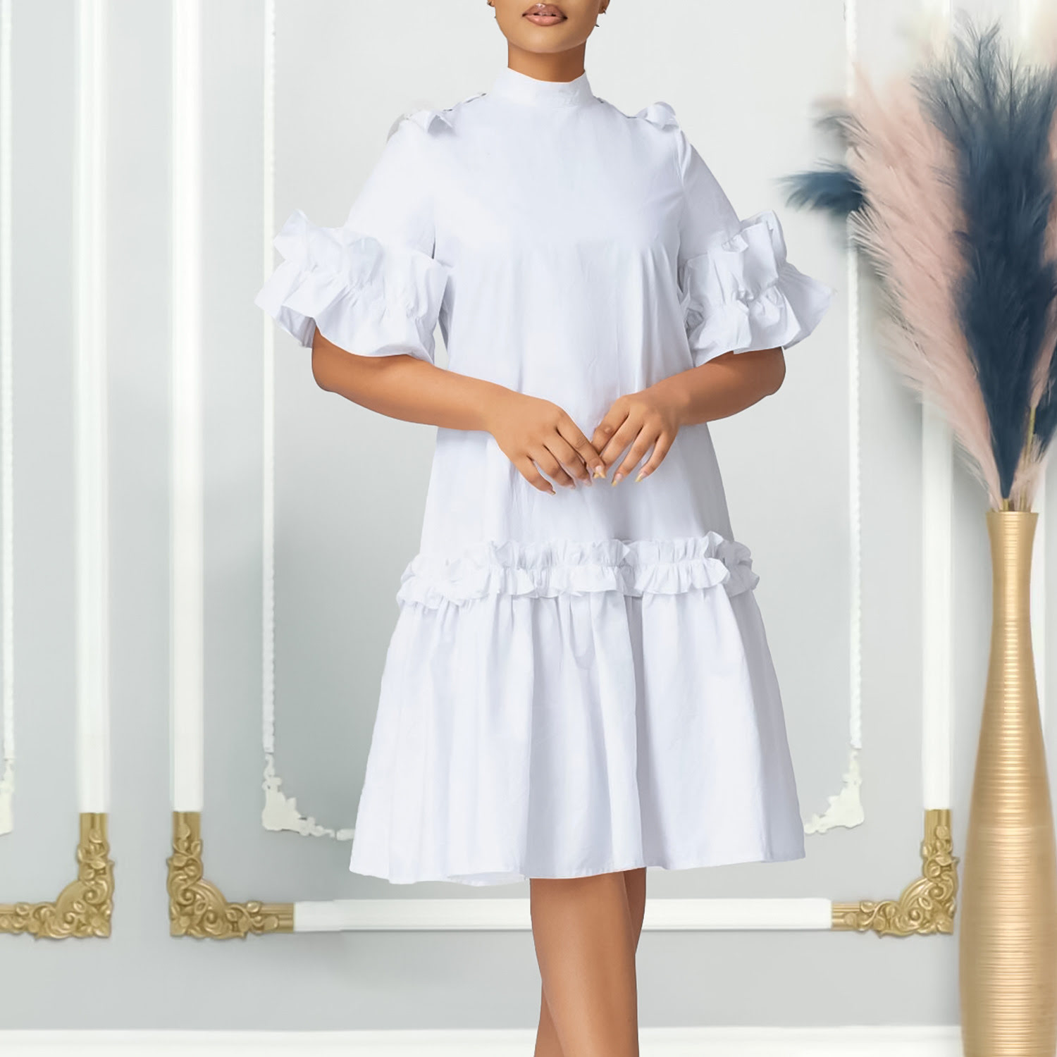 D503 Elegant midi dress with ruffles and pleats