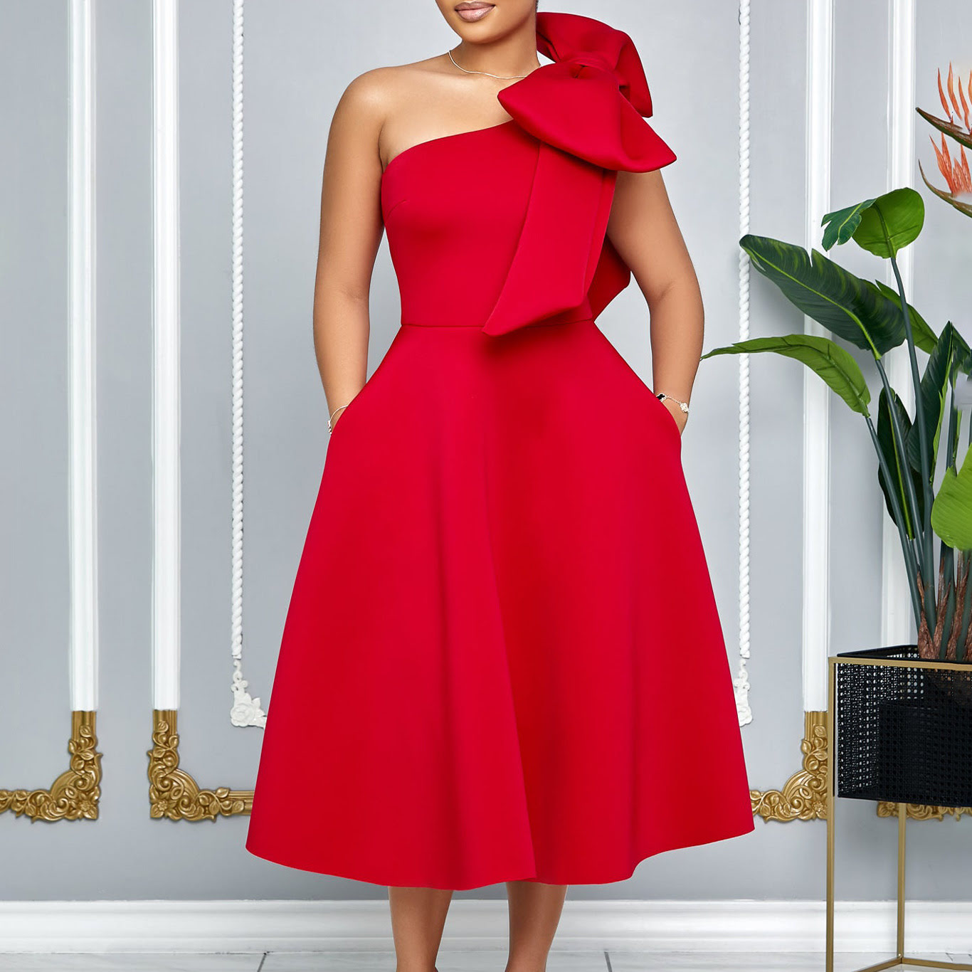 D513 Women's party dress for travelers, simple, elegant and mature style, solid color, slim fit, one shoulder.