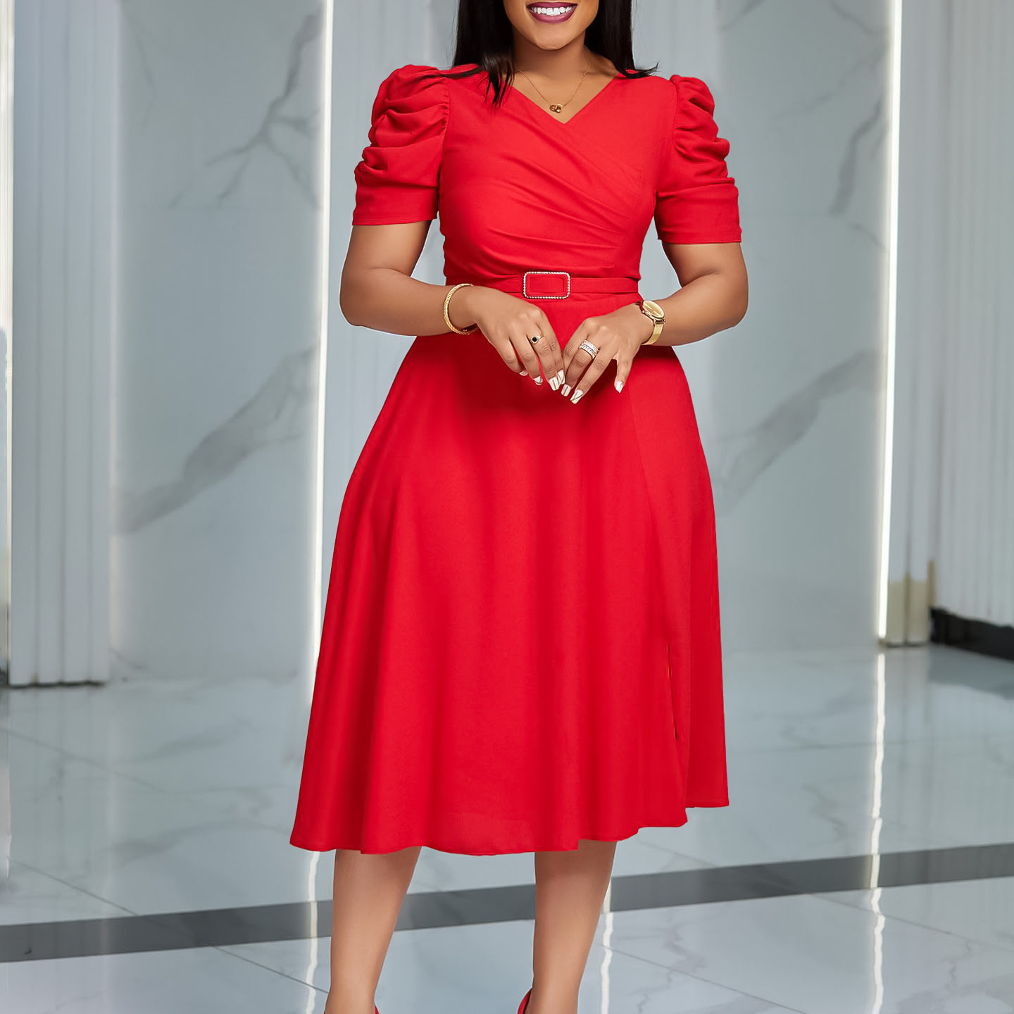 D490 Women's dress with belt and ruffles, V-neck, high waist, midi length.