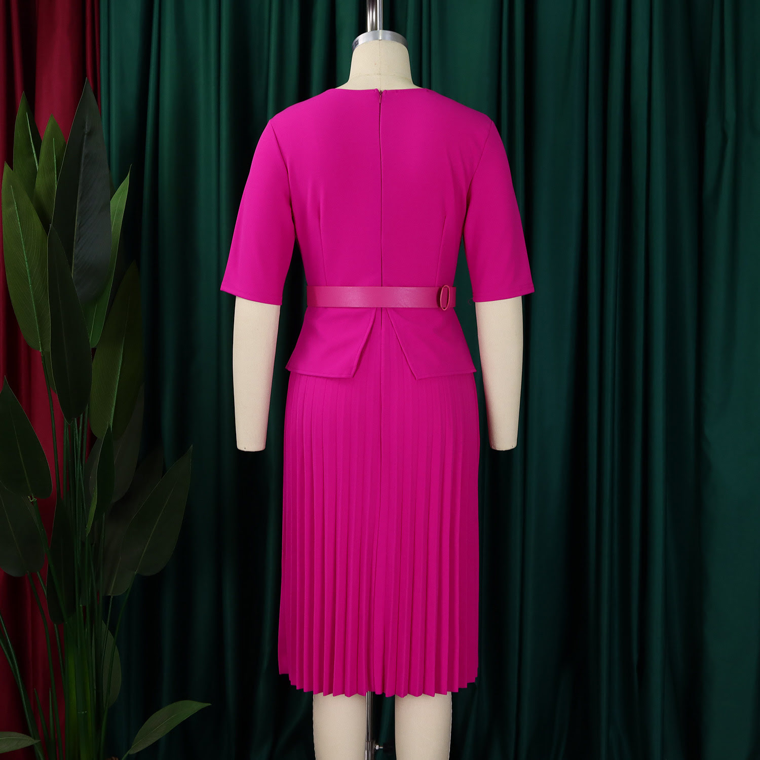 D520 Professional V-neck dress, solid color, pleated, women's, office, slim fit, plus size.