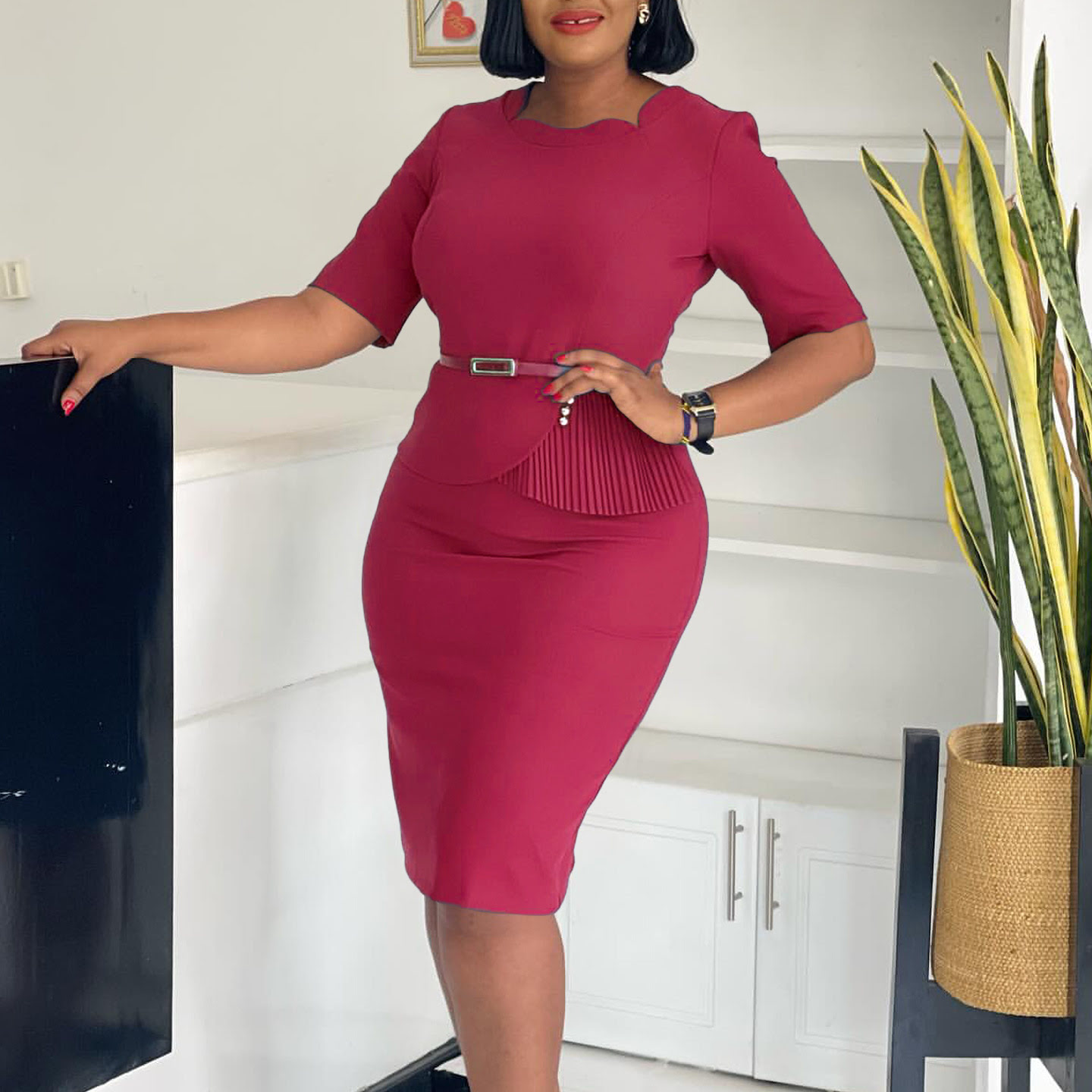 D521 Elegant Women's Office Dress, Half Sleeve, Formal, Knee-Length, Pencil Skirt