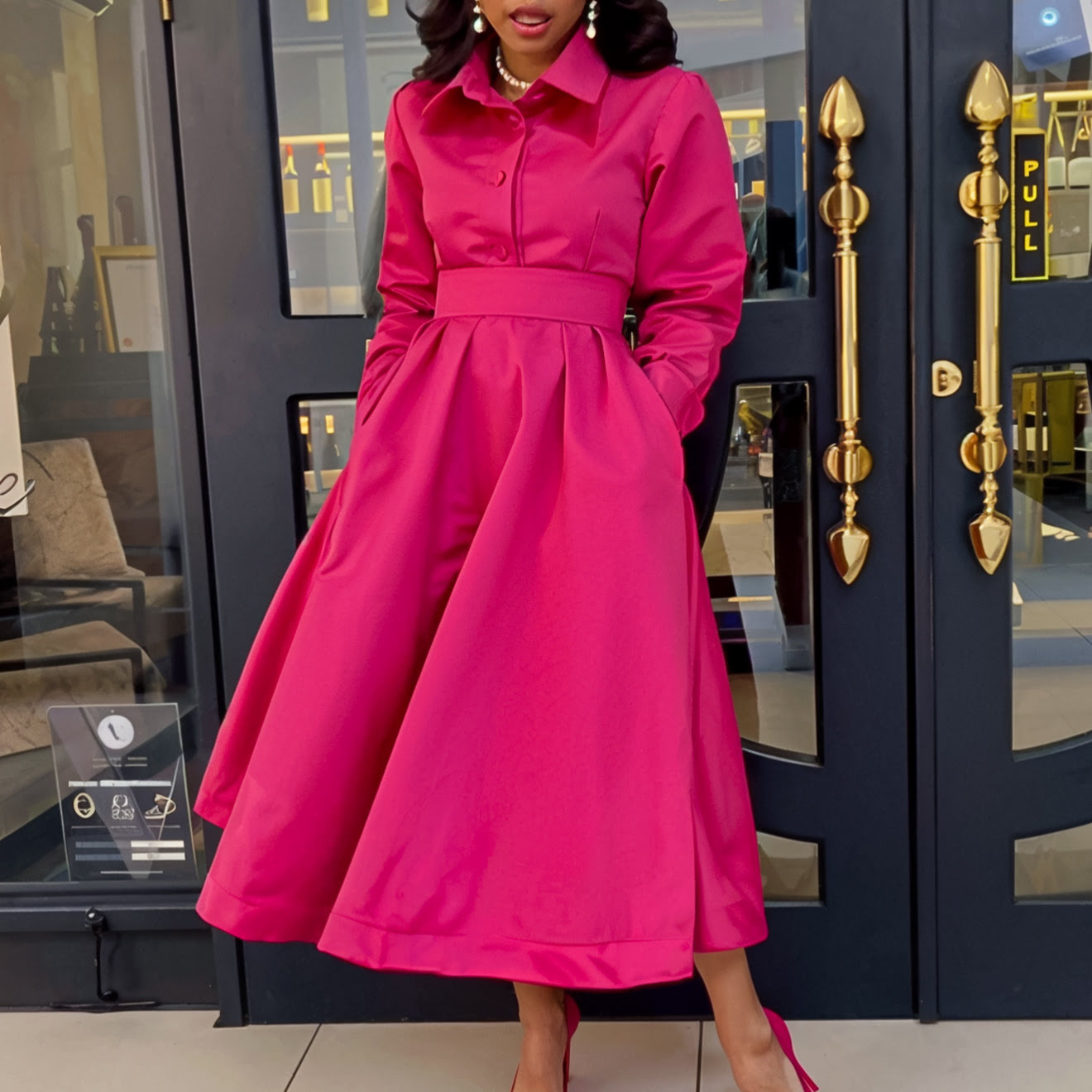 D532 Women's elegant satin maxi dress with buttons and lapel, long sleeves, A-line, belt, pleats, loose blouse, shirt dress