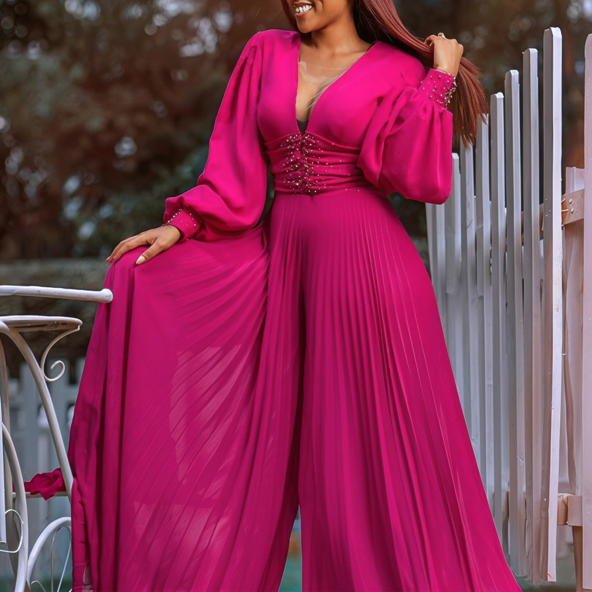 D534 Women's casual long-sleeved, wide-leg jumpsuit, solid color, with drawstring.