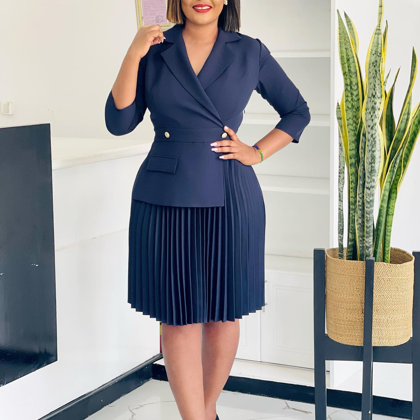 D543 Elegant women's plus size office dress, pleated, knee-length, formal wear.