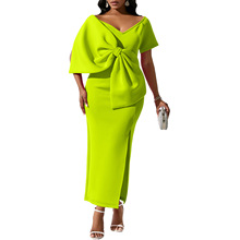 D395 Sexy women's dress with slit large bow and hip skirt